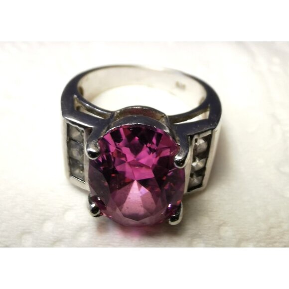 Oval Pink Gemstone Ring Sterling Silver 925 | Size 5.5 | Elegant Retro Cocktail - Picture 2 of 8